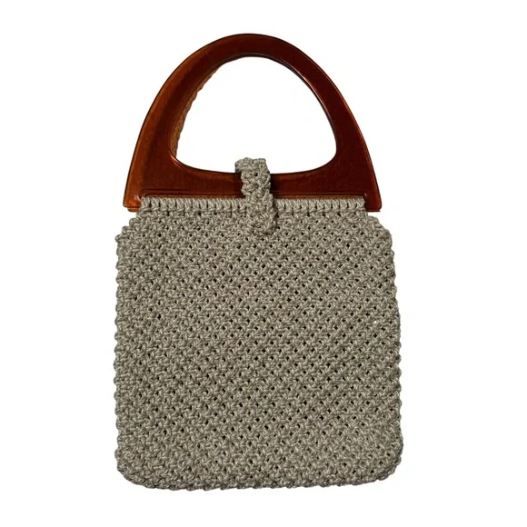 Woven Handheld Tote Bag with Wood Handle - Cream - Picture 3 of 4